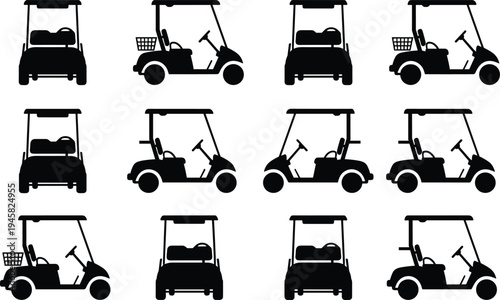 Golf cart silhouettes set, electric buggy vehicles in various views including front and side profile, transportation icons for resort vector illustration.
