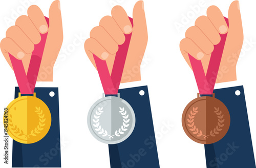 Cartoon hands holding gold, silver, and bronze medals symbolizing achievement, competition, and victory design