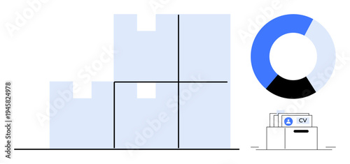 Data management. Organized storage boxes, a pie chart analytics, and document files data management and processing trends. Data management for analysis, storage systems, administration