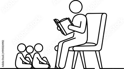 Line art illustration of a teacher sitting on a chair reading a book to small children isolated on white background,