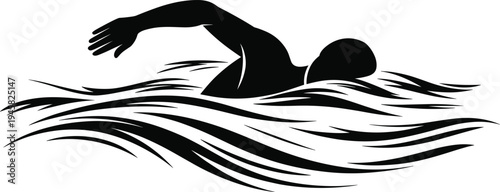 Black silhouette of a person swimming freestyle in water waves for sports fitness and summer vacation competition concepts