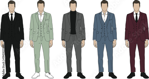 Cartoon men in stylish suits showcasing diverse formal fashion, color combinations, and modern menswear design