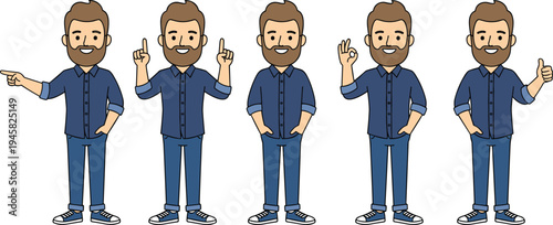 Cartoon man in casual outfit showing expressive hand gestures for communication and instructional design