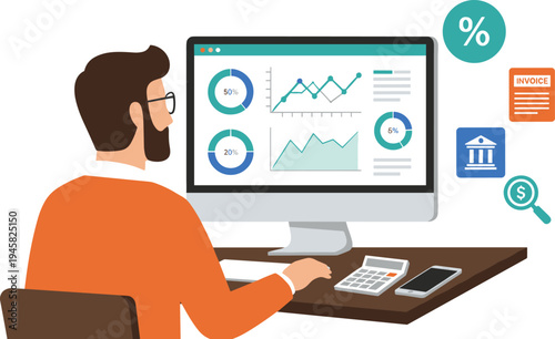 Cartoon office worker analyzing charts and invoices on computer symbolizing finance, accounting, and business data design