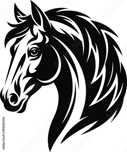 Powerful horse head with flowing mane, cad drawing flat vector illustration for equestrian sports and logo.