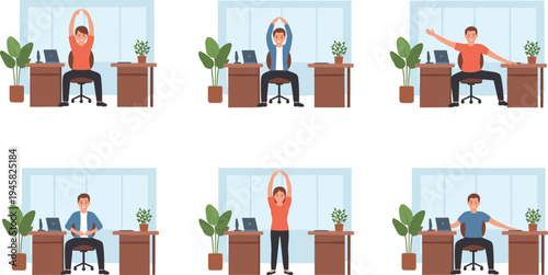 Cartoon office workers stretching at desks symbolizing workplace wellness, relaxation, and healthy productivity design