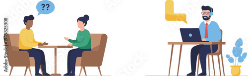 Cartoon people in face‑to‑face and virtual communication symbolizing customer service, teamwork, and modern business design