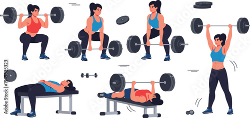 Strong woman weightlifting workout set with barbell squat deadlift bench press and overhead lift fitness training vector illustration