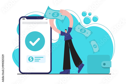 Modern flat illustration of a mobile payment confirmation on smartphone screen with check mark symbol, man holding money and digital wallet concept.
