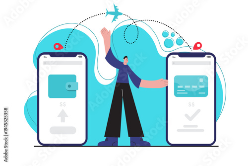 Flat illustration of international money transfer using mobile banking with airplane travel route between smartphones. Concept of global payment, fintech transaction and online banking.