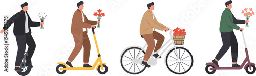 Cartoon people riding unicycle, bicycle, and scooters carrying flowers symbolizing eco‑friendly transport and romantic gesture design