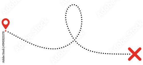 Quest route with map pin and dashed path. Treasure map with red cross mark and line dotted trail. Vector illustration isolated on white.