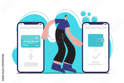 Flat vector illustration of digital wallet and money transfer between two smartphones. Man interacting with mobile banking interface showing secure financial transaction and cashless payment concept.