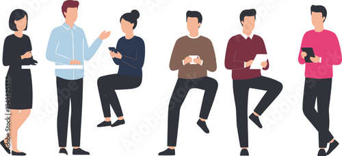 Cartoon people using smartphones, tablets, and documents symbolizing modern digital communication and workplace interaction design