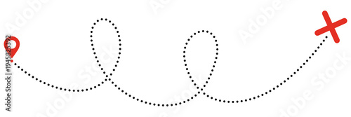 Quest route with map pin and dashed path. Treasure map with red cross mark and line dotted trail. Vector illustration isolated on white.