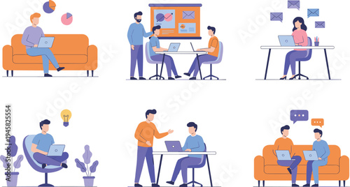 Cartoon woman character vector illustration with multiple poses, gestures, phone, paper, pointing, waving, and expressive emotions