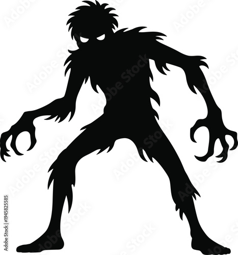 Black Silhouette of a Spooky Monster or Scary Zombie with Glowing Eyes and Sharp Claws Isolated on White Background for Halloween Horror Concept Art