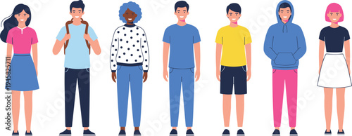 Diverse group character vector illustration with multiple outfits, hairstyles, casual clothing, individuality, and expressive standing poses