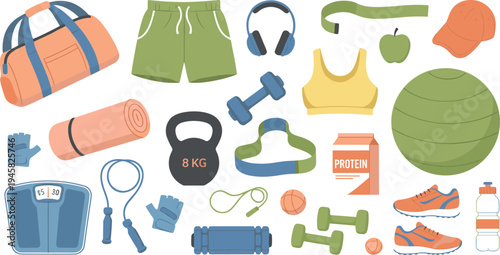 Fitness equipment vector illustration with gym bag, dumbbells, kettlebell, yoga mat, resistance bands, shoes, and healthy lifestyle gear