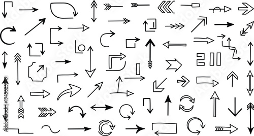 Collection of hand drawn arrows and directional symbols on white background