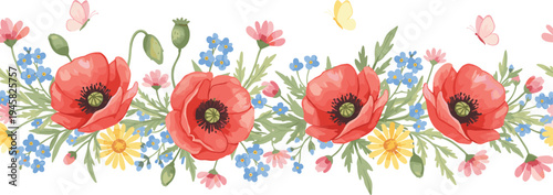 Floral border vector illustration with red poppies, daisies, forget‑me‑nots, butterflies, and decorative symmetrical design