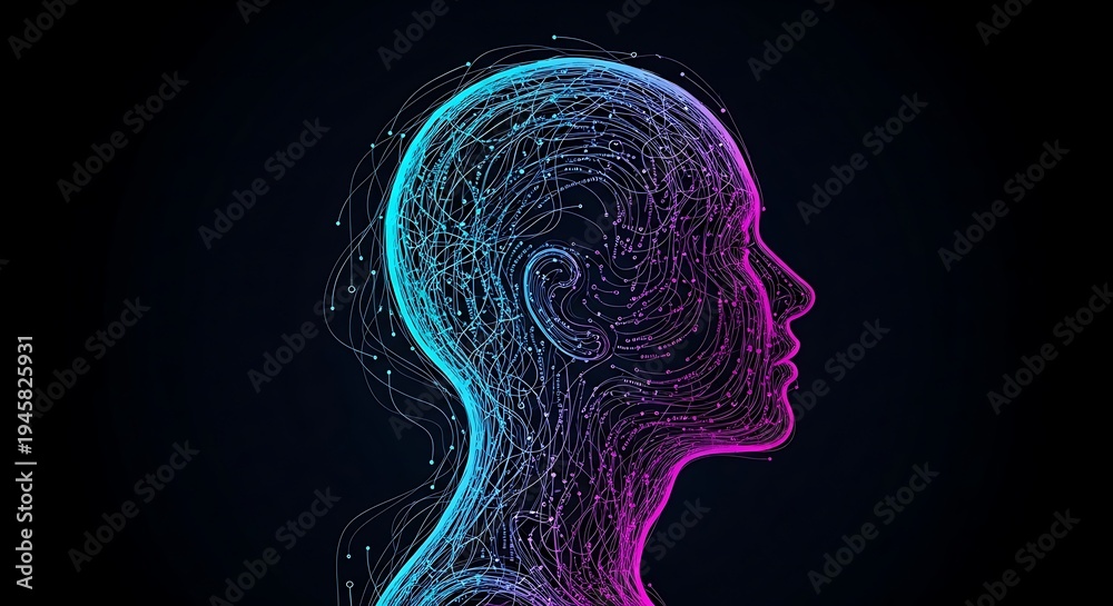 Obraz premium Digital human head profile with glowing neural network lines in blue and pink on black background
