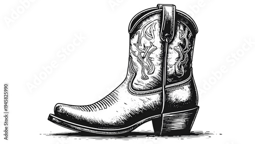 Black and White Flat Vector Cowgirl Boot Silhouettes with Traditional Western Ornament, Hand-Drawn Style, Isolated on Transparent Background