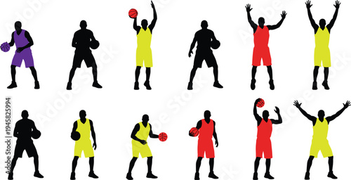 Set of basketball player silhouettes in various action poses including dribbling shooting and defending for sports design vector.