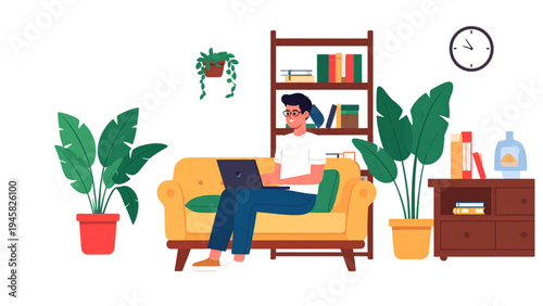 Young man working on laptop at home sitting on sofa with houseplants and wall clock, remote work and freelance lifestyle vector illustration