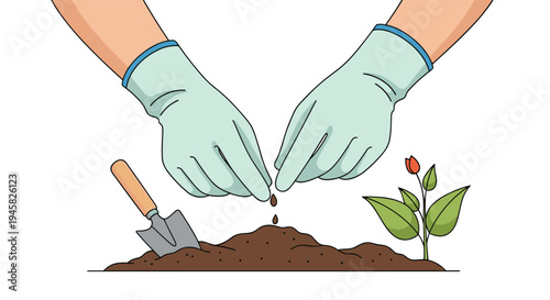 Person in gloves planting seeds in soil with gardening tools