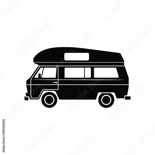 Simple black silhouette of a vintage camper van side view