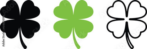 four leaf clover icons in black green and outline styles for St Patricks Day and luck symbols.