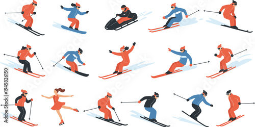 Cartoon winter sports with skiing, snowboarding, snowmobile, and ice skating symbolizing outdoor recreation and athletic design