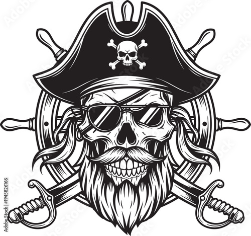 Bearded pirate skull with eyepatch and ship wheel, crossed cutlasses and captain hat, vintage nautical skeleton buccaneer emblem for seafaring adventure, vector illustration