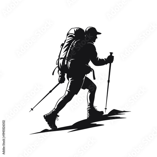 Silhouetted hiker with backpack and trekking poles traversing a rugged trail