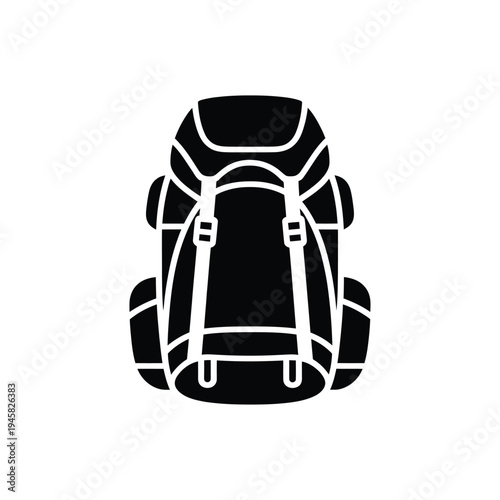 Black silhouette of a hiking backpack with adjustable straps shown frontally
