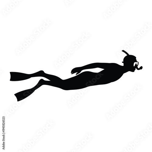 Silhouetted swimmer with fins and snorkel gliding through the water