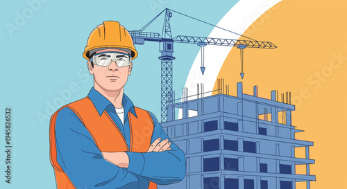 Male builder in safety gear with crane and construction site