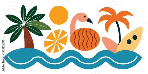 Vibrant tropical vacation elements with flamingo and surfboard icons on wavy blue background