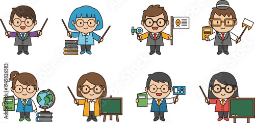 Cartoon Teachers in Various Professions with Teaching Tools and Props for Education Illustration