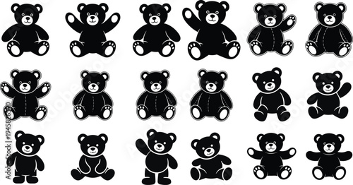 A collection of 15 black teddy bears in various poses on a white background