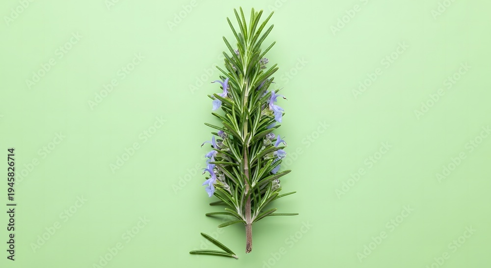 Fototapeta premium A sprig of rosemary against a light green background, highlighting the aromatic herb's details. The image has a clean, minimalist style