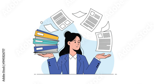 Businesswoman juggling paperwork and office folders