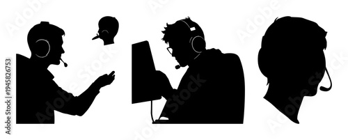 Esports player set with solid black silhouette on white background, clean sharp edges featuring headset, gaming, competitive sports with modern style and digital theme