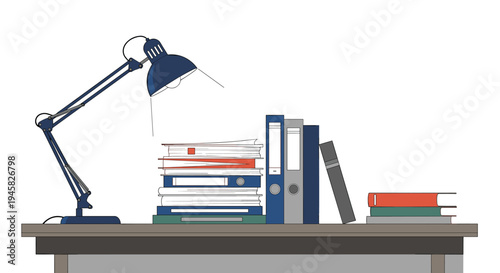 Organized desk with desk lamp books and folders