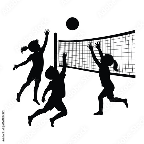 Silhouette illustration of children playing a volleyball game outdoors