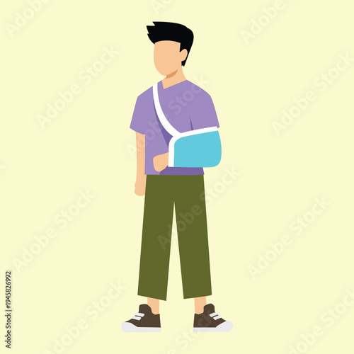 Young man in an arm sling recovering from an injury, symbolizing rehabilitation and medical support. Flat vector illustration of health and care