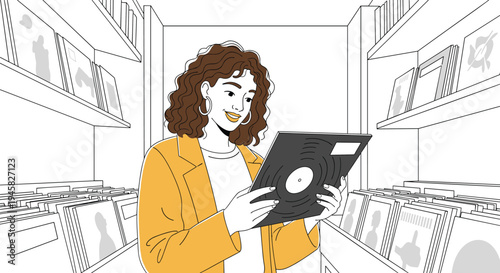Woman with curly hair browsing vinyl records in a music store