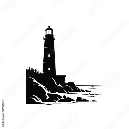 Silhouette of a lighthouse perched on rocky cliffs overlooking the ocean