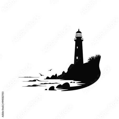 Minimalist silhouette of a lighthouse perched on a rocky coastline